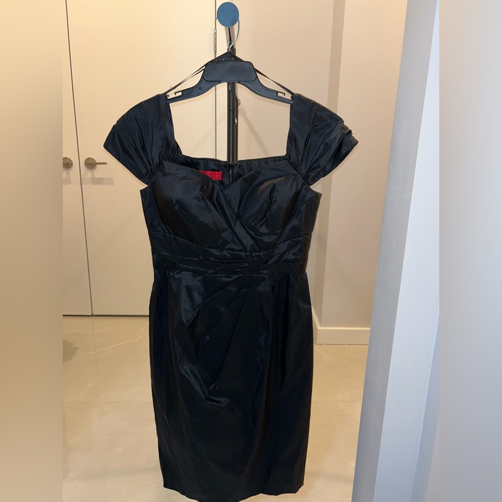 Donna Ricco Black Midi Dress with Square Neck and Flutter Cap Sleeves